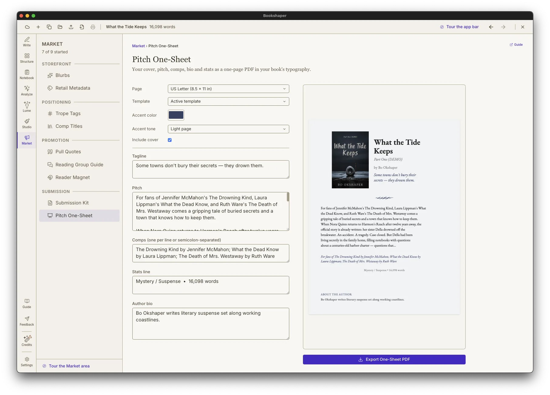 Bookshaper Pitch One-Sheet with editable tagline, pitch, comps and bio fields beside a one-page preview with the cover