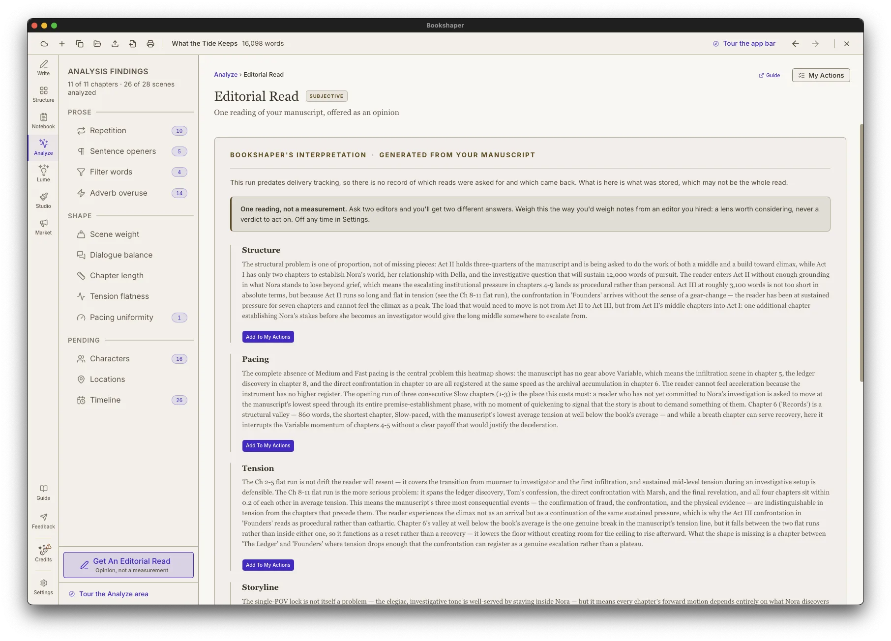 Bookshaper Editorial Read with prose critiques of structure, pacing and tension, each with an Add To My Actions button