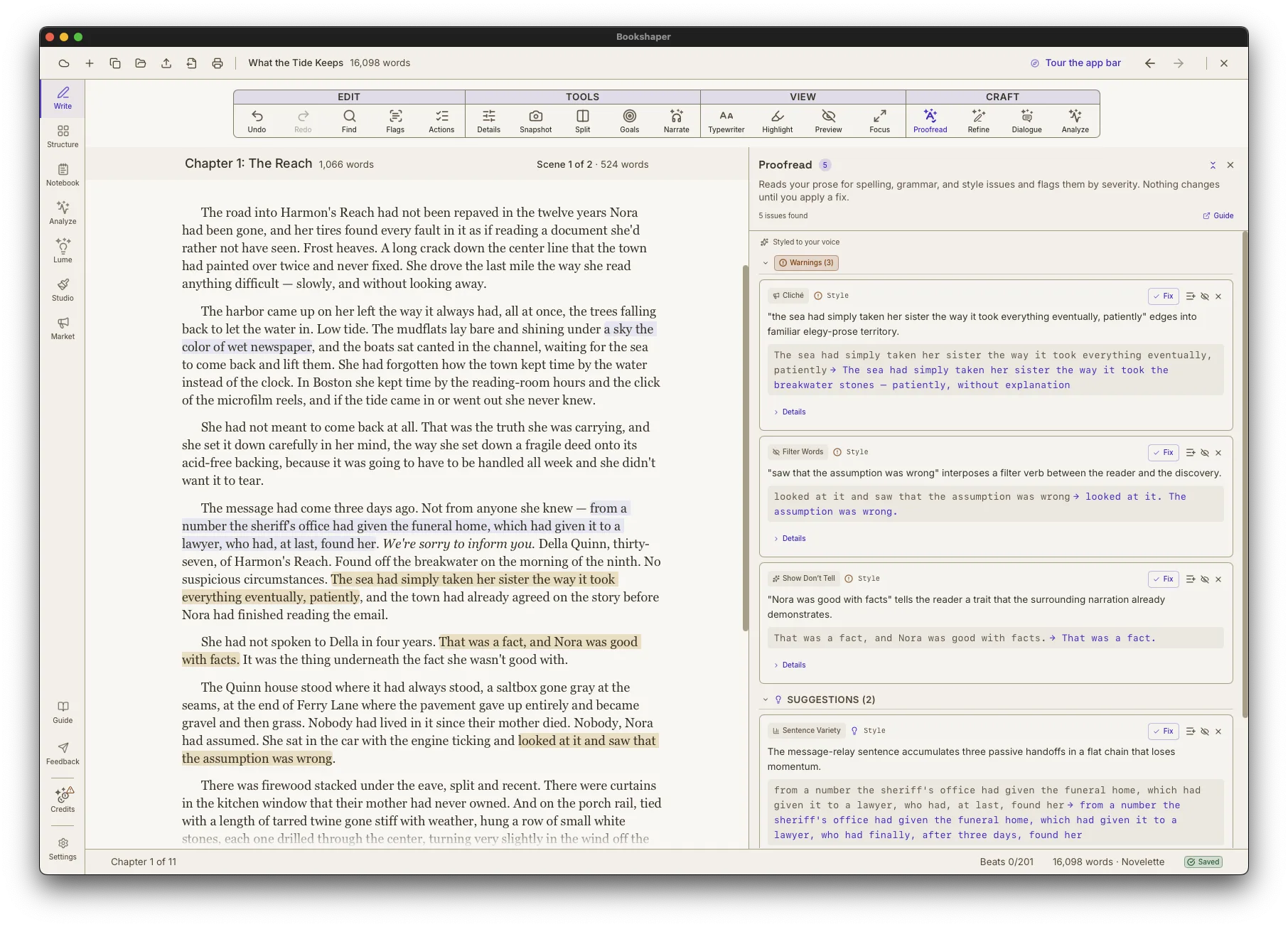 Bookshaper Proofread panel listing style warnings beside a chapter, each with a suggested fix