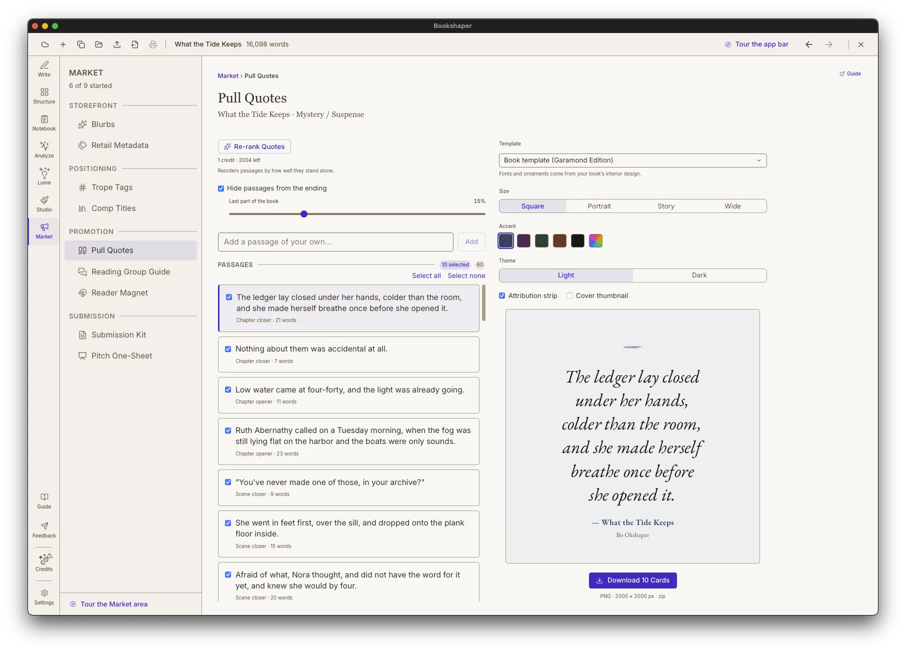 Bookshaper Pull Quotes with a list of passages from the manuscript and a square quote card preview