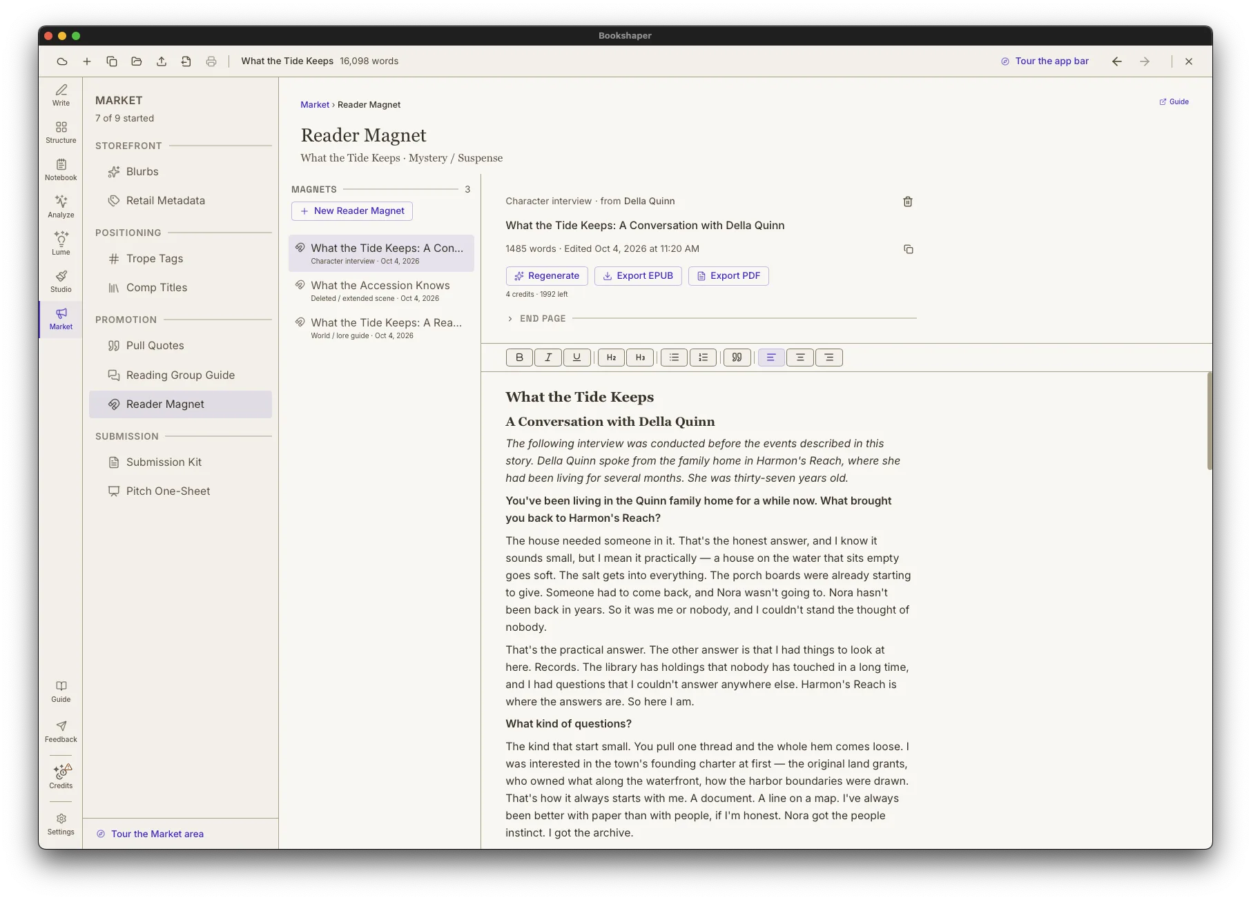 Bookshaper Reader Magnet editing a character interview drafted from the manuscript, with EPUB and PDF export
